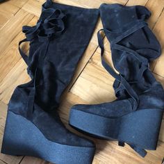 Soft-Knee High Suede Boots With Wrap Around Tie. Platform Wedges Robert Clergerie, Suede Boots Knee High, Suede Wedges, Wedge Boots, Platform Wedges, Suede Boots, Black Suede, Knee High, Wedges