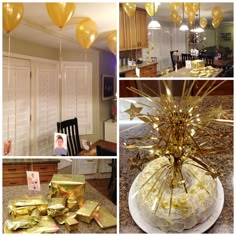 gold balloons and decorations in a kitchen