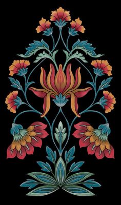 an embroidered design with flowers and leaves in red, orange, yellow and blue colors