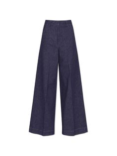 Luxury Wide-leg Denim Pants, Luxury Embroidered Wide Leg Pants, Luxury High-rise Wide Leg Pants In Denim Blue, Luxury Pleated Wide Leg Pants, Luxury Evening Culottes Trousers, Luxury Blue Wide Leg Pants, Luxury Pleated Trousers, Luxury High Rise Denim Blue Pants, Luxury Denim Blue Pants