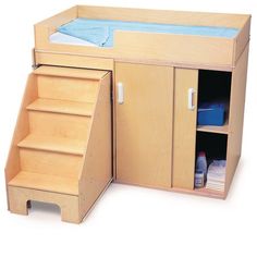 a child's wooden toy bed with stairs and storage compartment on the bottom shelf