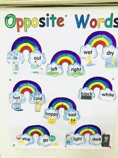 a poster with words and pictures on it that say opposite words in front of rainbows