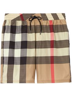 Beige checked drawstring swim shorts from Burberry featuring house check pattern, elasticated drawstring waistband and rear pocket. Be mindful to try on swimwear over your own garments.. Burberry Trenchcoat, Burberry Shorts, Summer Pants, Beach Pants, Shorts Summer, Printed Swim, Designer Shorts, Swimwear Sale, Burberry Men