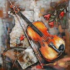 an oil painting of a violin and roses