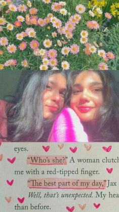 two women with flowers in the background and a poem written on it that reads, who's she? a woman clutch me with a red - striped fingerer