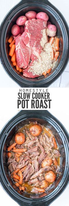 two pictures showing how to make slow cooker pot roast