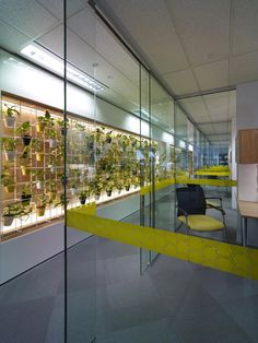 an office with glass walls and plants on the wall in it's center area