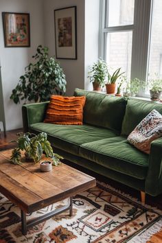 a living room with green couches, potted plants and rugs on the floor