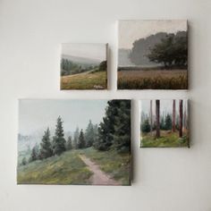 four paintings are hanging on the wall next to each other, with trees in the background