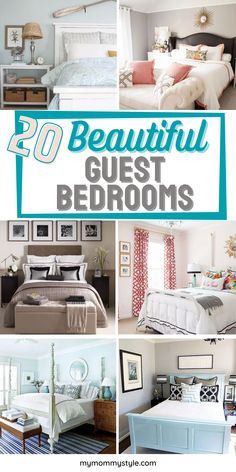 several pictures of bedroom furniture and decor with the words beautiful guest rooms written in blue