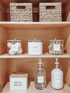 the shelves are filled with different types of soaps and lotions in glass containers