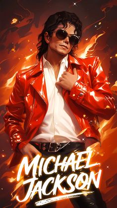 the michael jackson movie poster is shown in red and orange colors, with flames behind him