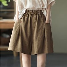 Summer New All-match Pure Linen High Waist Shorts Elastic Waist Loose and Thin Wide-leg Pants Casual Solid Color Shorts Woman Flax Pants, Summer Brown, Style Wide Leg Pants, Wide Leg Shorts, Black High Waisted Shorts, High Waist Shorts, Summer Black, Summer Fabrics, Color Shorts