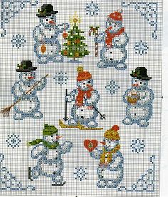 a cross stitch pattern with snowmen and christmas trees on the bottom, one is holding a