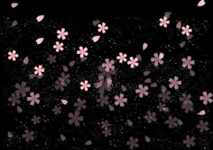 pink flowers are floating in the air on a black background with stars and sparkles