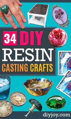 the cover of 34 diy resinin casting crafts, with images of different objects