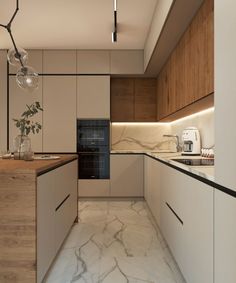 a modern kitchen with marble counter tops and wooden cabinetry, along with an island in the middle