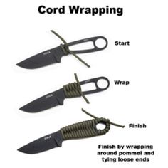 three different types of knifes with the words cord wrapping written below them and instructions for how to use it