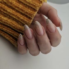 Almond Nails Sparkle Tips, Gold Glitter Almond Nails, Champagne Glitter French Nails, Beige And Gold Glitter Nails, Gold Glitter Ombre Nails Almond, Champagne Gold Nails Sparkle, Gold Gel Nails, Multicolored Nails