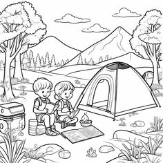 two kids camping in the woods with their tent and campfire coloring page for children