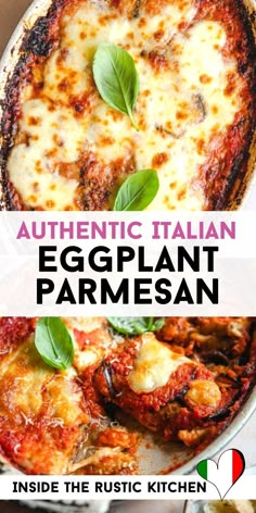 an eggplant parmesan pizza with basil leaves on top and the text authentic italian eggplant parmesan inside