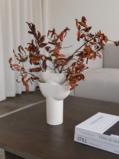 a white vase filled with red leaves on top of a table next to a book