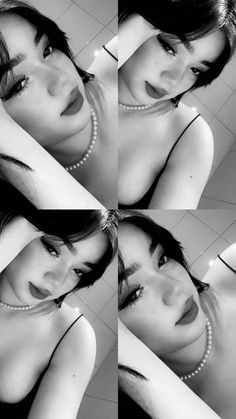 four different pictures of a woman with pearls on her neck and chest, in black and white