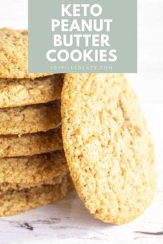 cookies stacked on top of each other with the words keto peanut butter cookies