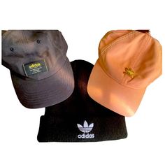 Adidas Cap Pack - 2 Dad Hats And 1 Beanie Adjustable Strap Pink Caps With Gold Adidas Logo Blacks 3 Stripe Life Tag Black Original Beanie - Never Worn Worn Once Like New Casual Brown Sports Hat, Casual Beanie Cap For Spring, Casual Spring Beanie Cap, Basic Streetwear Hat, Casual Beanie Hats For Sports, Casual One Size Fits Most Cap, Basic Streetwear Cap, Casual Pink Dad Hat For Streetwear, Casual Beanie For Streetwear