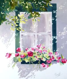 a painting of flowers in front of a window