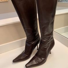 Jimmy Choo Knee High Boots. Excellent Condition. Rich, Brown Leather With Back Zip. 3" Heel. No Scratches, Scrapes Or Damage To Leather. Worn 4 Times. No Box. High Heel Leather Boots, Brown Heeled Boots, Leather High Heel Boots, Brown Leather Heels, Leather Heeled Boots, Jimmy Choo Shoes, Ladies Shoes, Shoes Heels Boots, Knee High Boots