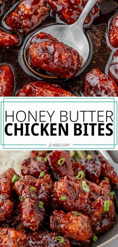 honey butter chicken bites in a skillet with rice