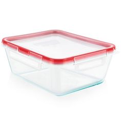 a plastic container with red lid on a white background