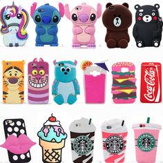 many cell phones are lined up together with different characters on the back one has an ice cream sandwich, and the other has a starbucks cup