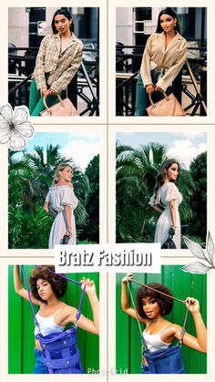 four pictures of women in different outfits posing for photoshopped with the words braz fashion on them