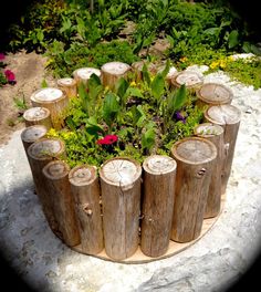 a group of wooden logs sitting on top of a lush green field next to flowers