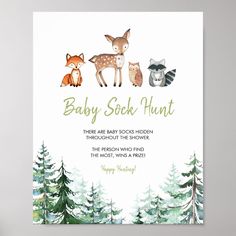 a baby shower card with three woodland animals