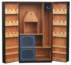 an open wooden cabinet with two blue crates in the front and one on the back