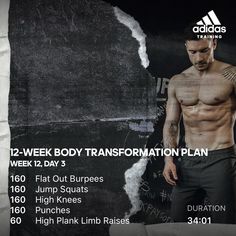 a man standing in front of a black and white background with the words 12 week body transformation plan