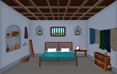 a room with a bed, dresser and other items