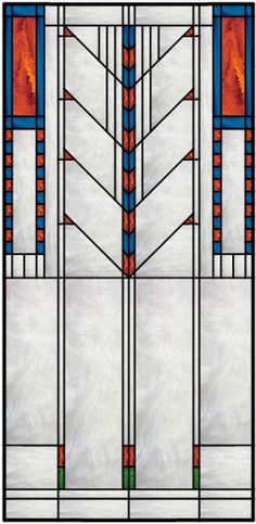 a stained glass window with an arrow design on the front and side panels in orange, blue