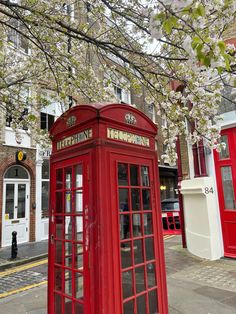 a red phone booth sitting on the side of a road next to a tree with blossoming branches