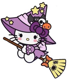 a hello kitty holding a broom and wearing a purple hat with stars on it's head