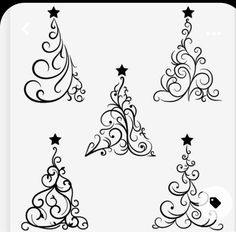 six christmas trees with swirls and stars