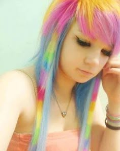 Long Hair With Bangs And Layers, Pastel Rainbow Hair, Emo And Scene, Emo Scene Hair, Rainbow Hair Color, Multi Colored Hair, Tumblr Hair, Long Hair Color, Flat Twist