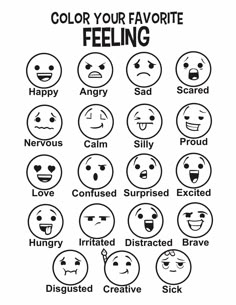 a poster with many different emoticions on it's face and the words, color your favorite feeling