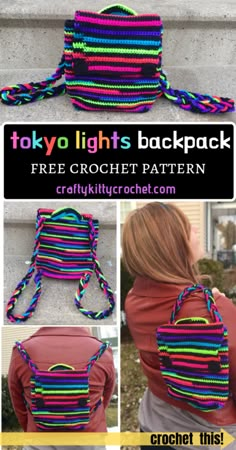 the back view of a backpack made out of multicolored yarn