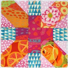 a colorful patchwork design with flowers and dots on the fabric is featured in this image