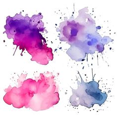 four different colored inks on white paper with watercolor stains and splatters