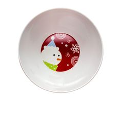 a red and white bowl with a polar bear on it